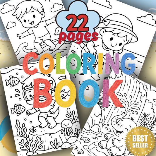 22 Page Summer Coloring Pack for Kids – Printable PDF – Under the Sea & Beach Activities – Instant Download