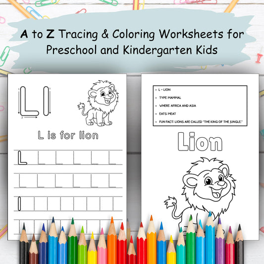 Animal Alphabet Tracing & Coloring Book: Fun Facts, A-Z (PDF Download, 52 Pages)
