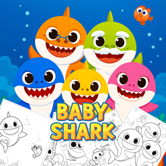 Colorful illustration of Baby Shark characters with a coloring book theme.