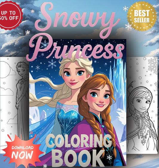 Coloring book cover featuring two princesses with a snowy landscape and promotional text.